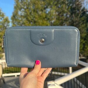 Longchamp Blue Leather Zip Around Wallet